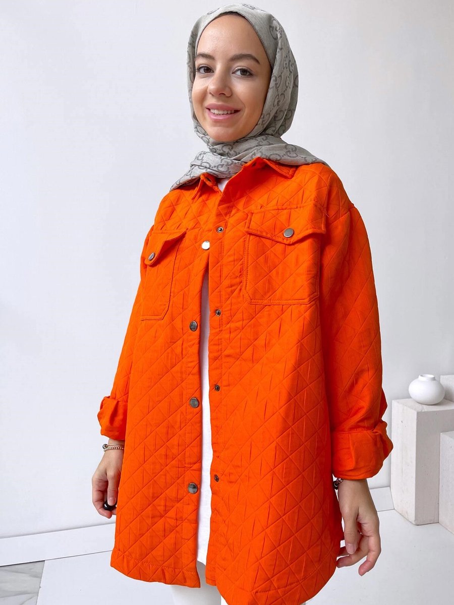 Ka Hijab Kapitone Cep Kapaklı Ceket Turuncu