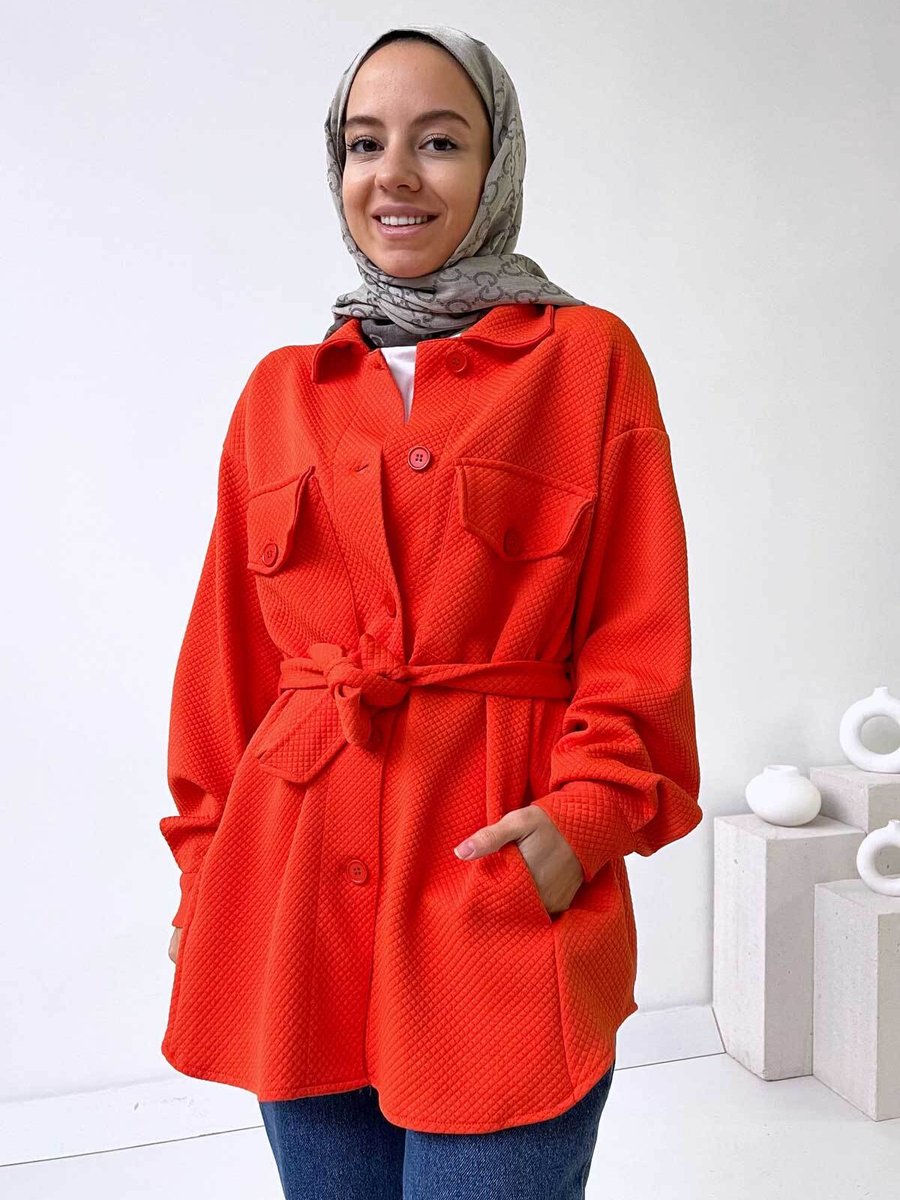 Ka Hijab Kendinden Desenli Kuşaklı Gömlek Turuncu