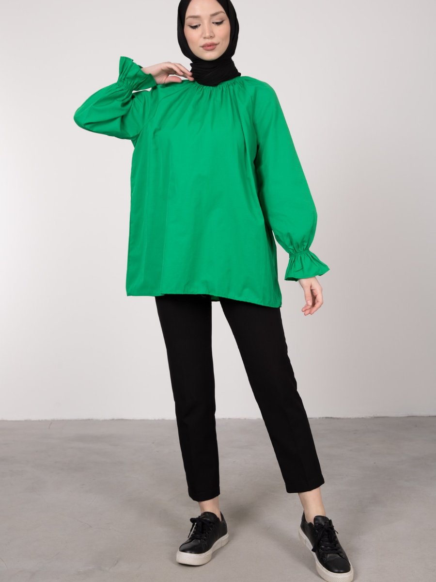 Lamia Giyim Oversize Kesim Manşet Detaylı Tunik Çim Yeşili
