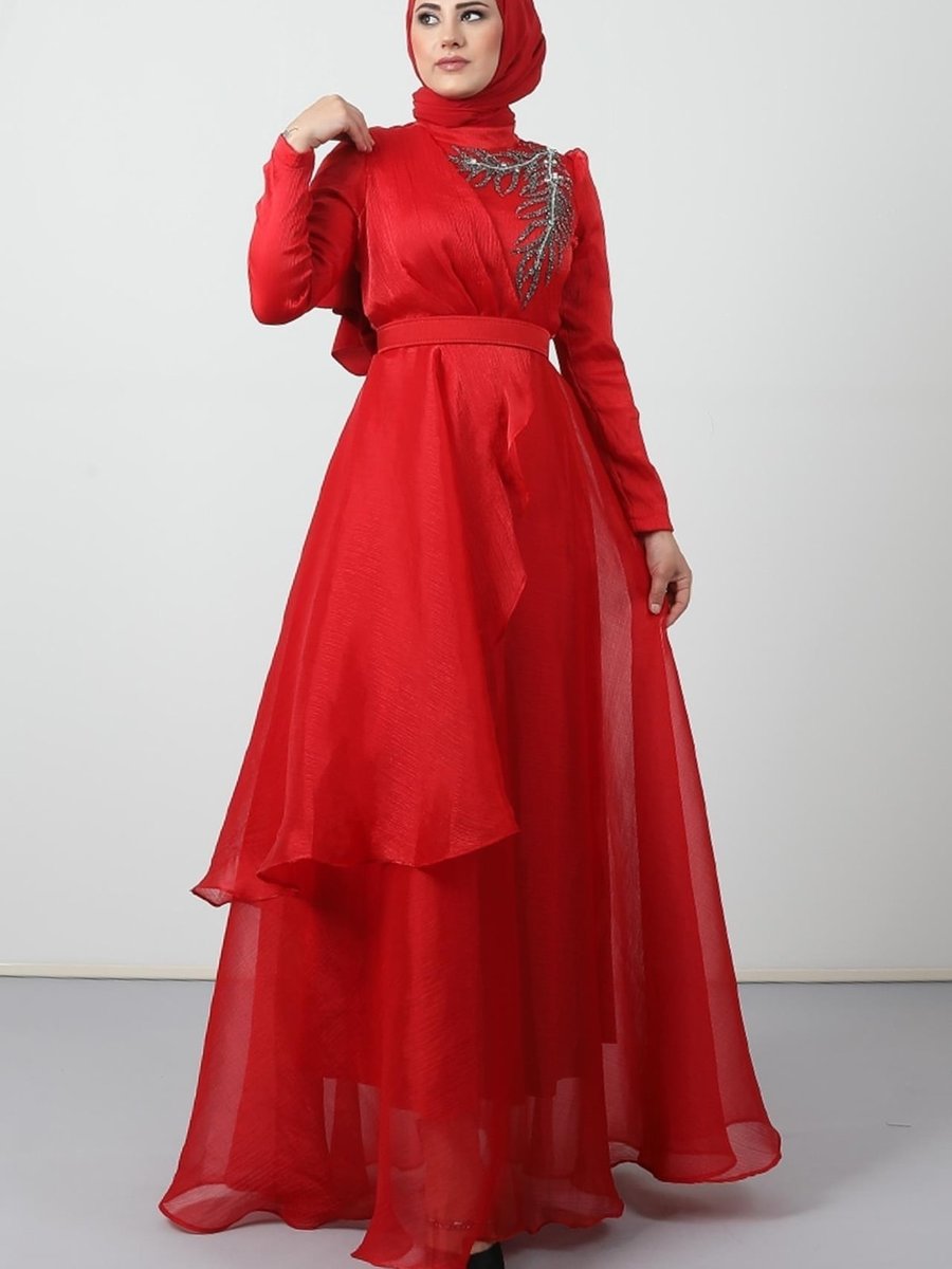 Giza Giyim Taşlı Organze Abiye Elbise Kırmızı