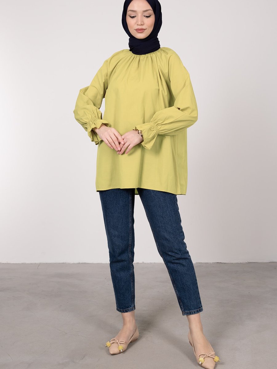 Lamia Giyim Oversize Kesim Manşet Detaylı Tunik Neon Yeşili