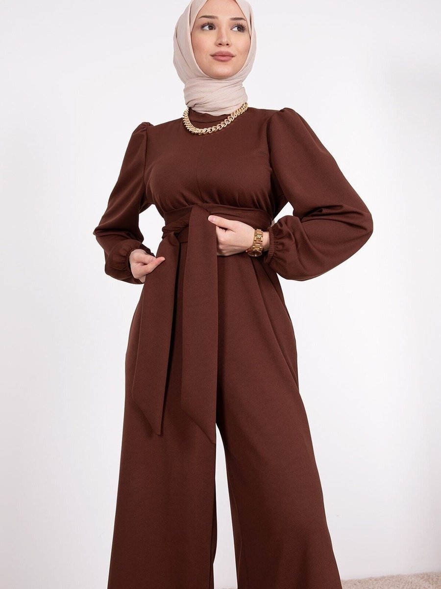 Lamia Giyim Geniş Kuşak Dolamalı Tulum Kahverengi