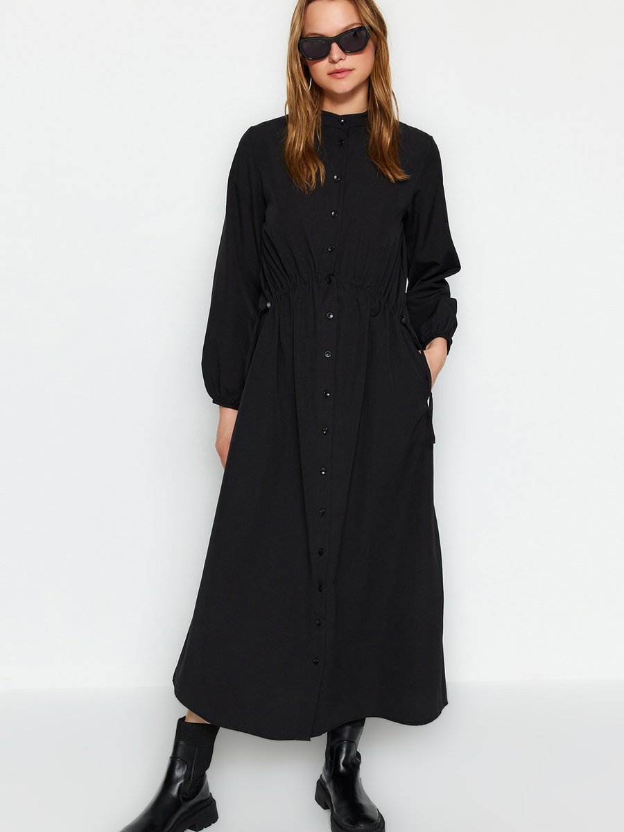 Trendyol Modest Siyah Beli Ayarlanabilir Stoper Detaylı Dokuma Pamuklu Elbise