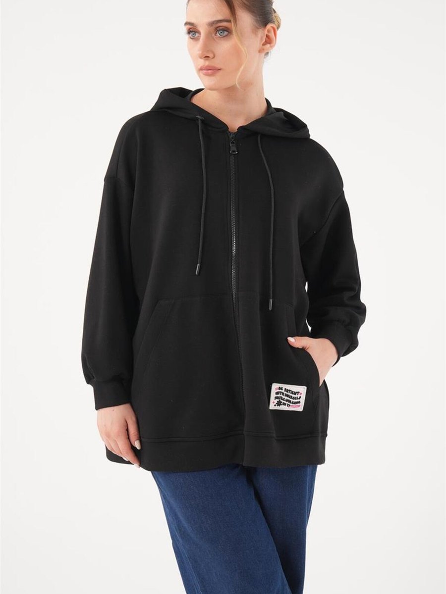İkoll Etiket Detaylı Kapüşonlu Basic Siyah Sweatshirt