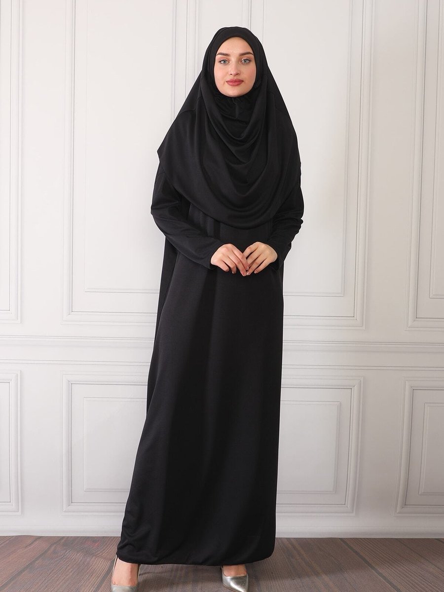 Renda Moda Siyah Tek Parça Boydan Giymeli Namaz Elbisesi