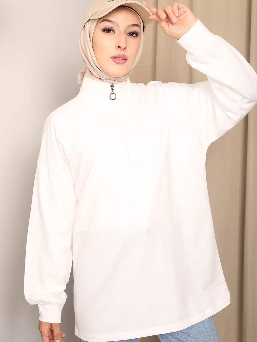 İmajbutik Beyaz Yaka Fermuarlı İki İplik Sweatshirt