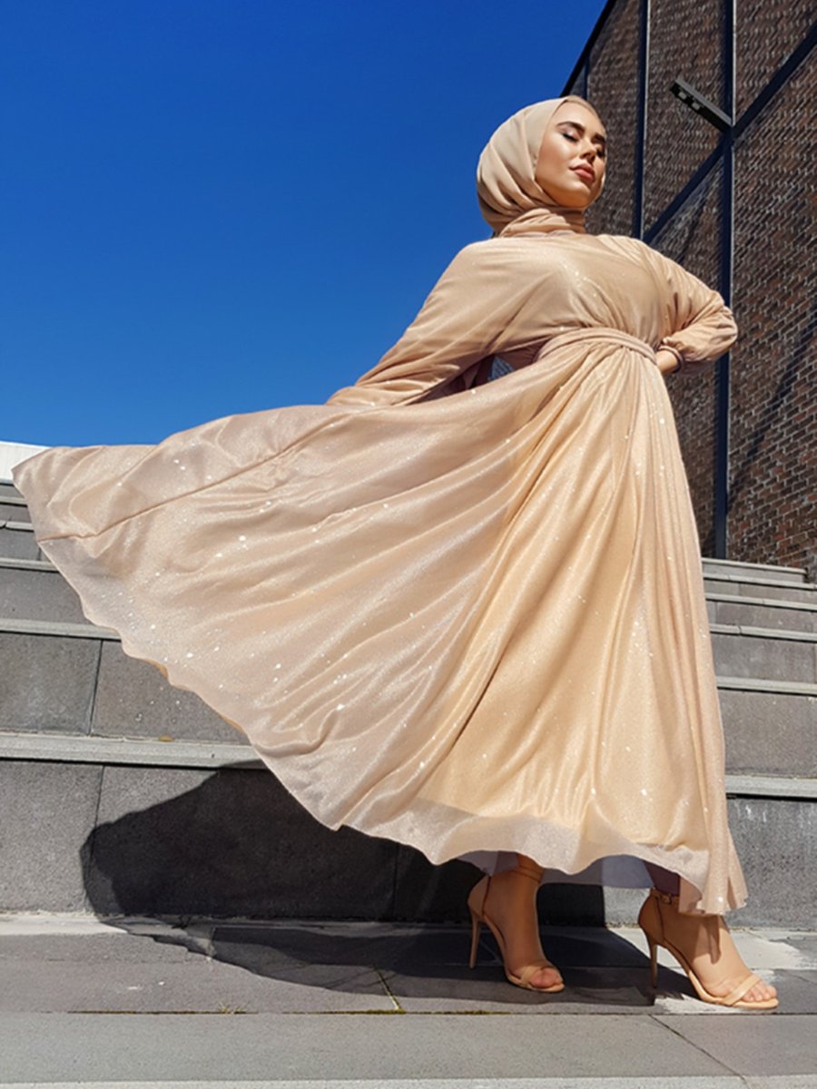 My Dream Simli Belden Kuşaklı Somon Abiye Elbise