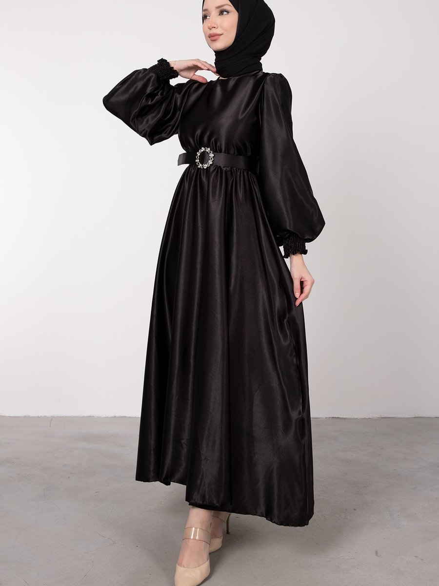 Lamia Giyim Vintage Kemer Detaylı Saten Abiye Elbise Siyah