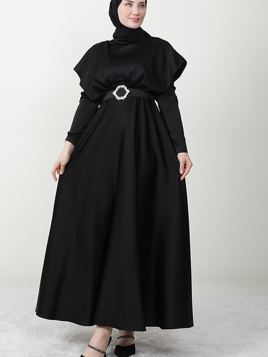 Giza Giyim Kemeri Taşlı Kloş Elbise Siyah
