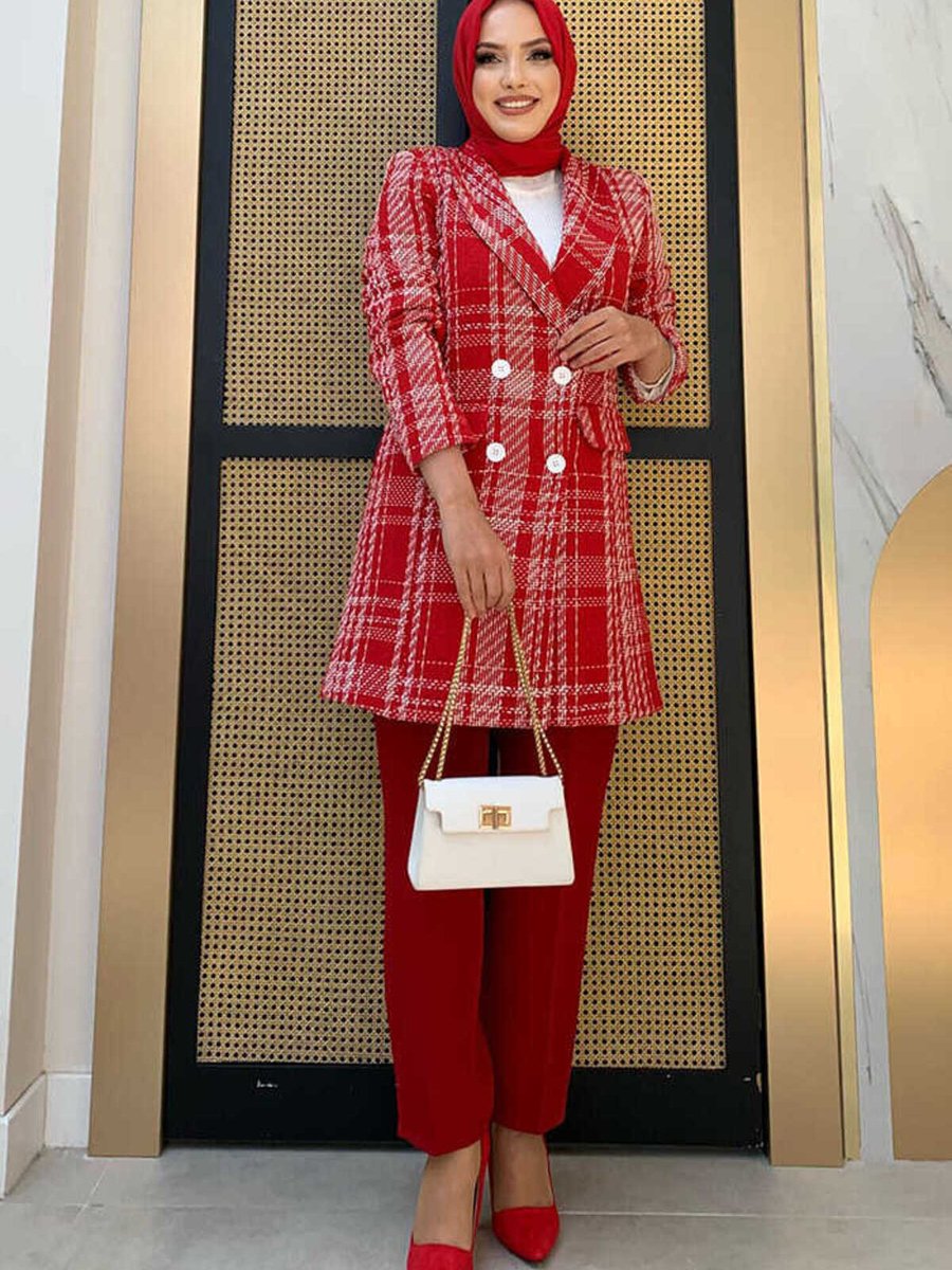 Bym Fashion Cep Görünümlü Desenli Chanel Ceket Kırmızı
