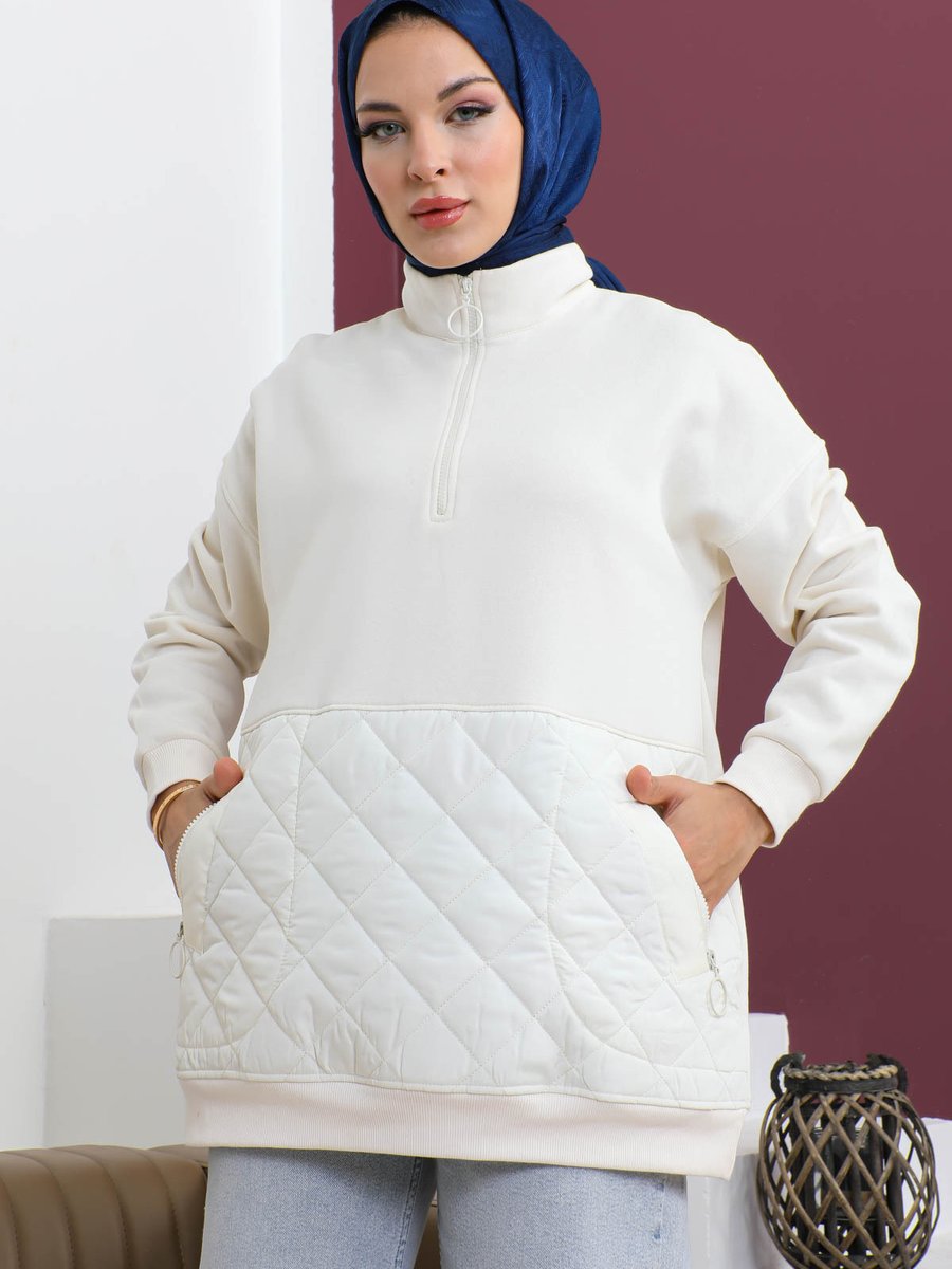 İmajbutik Krem Kapitone Detaylı Polar Sweatshirt