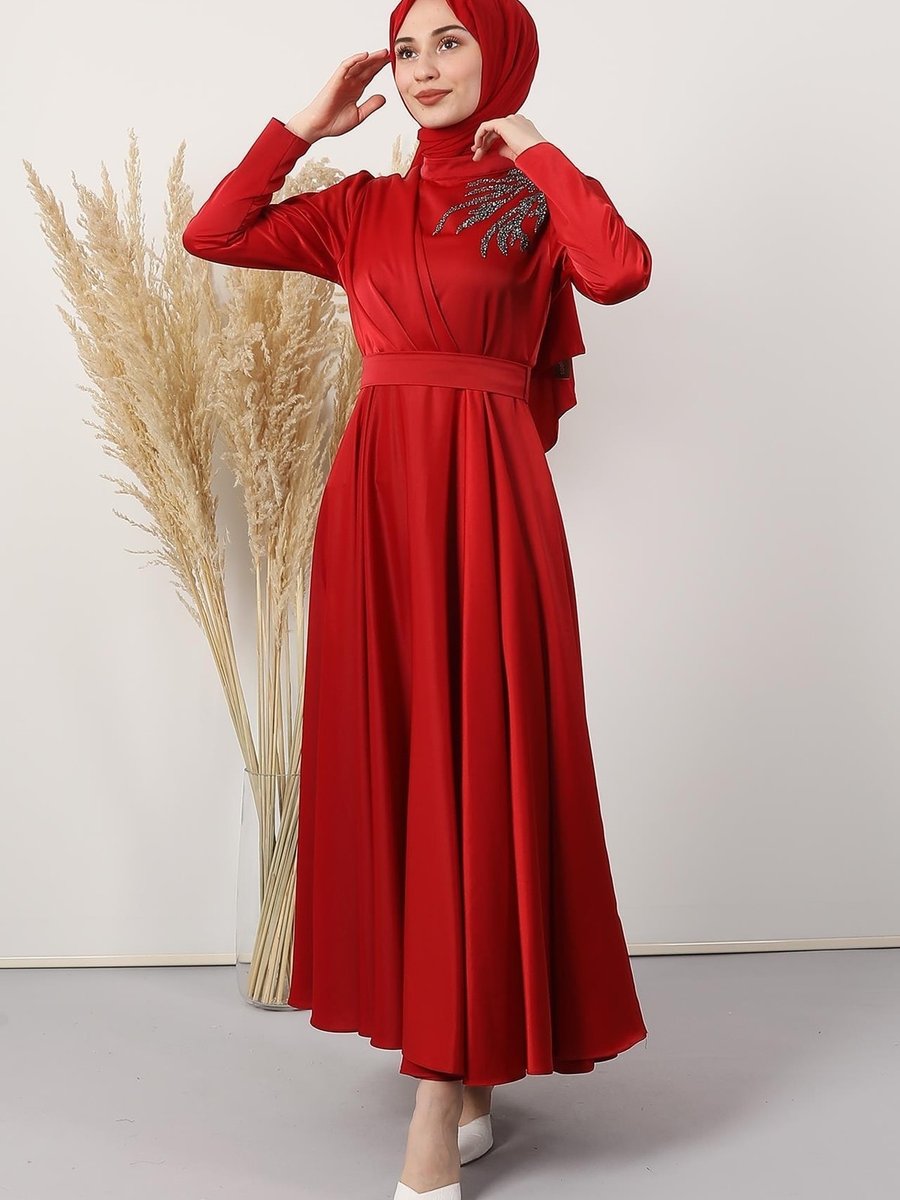 Giza Giyim Omzu Taşlı Saten Abiye Elbise Kırmızı