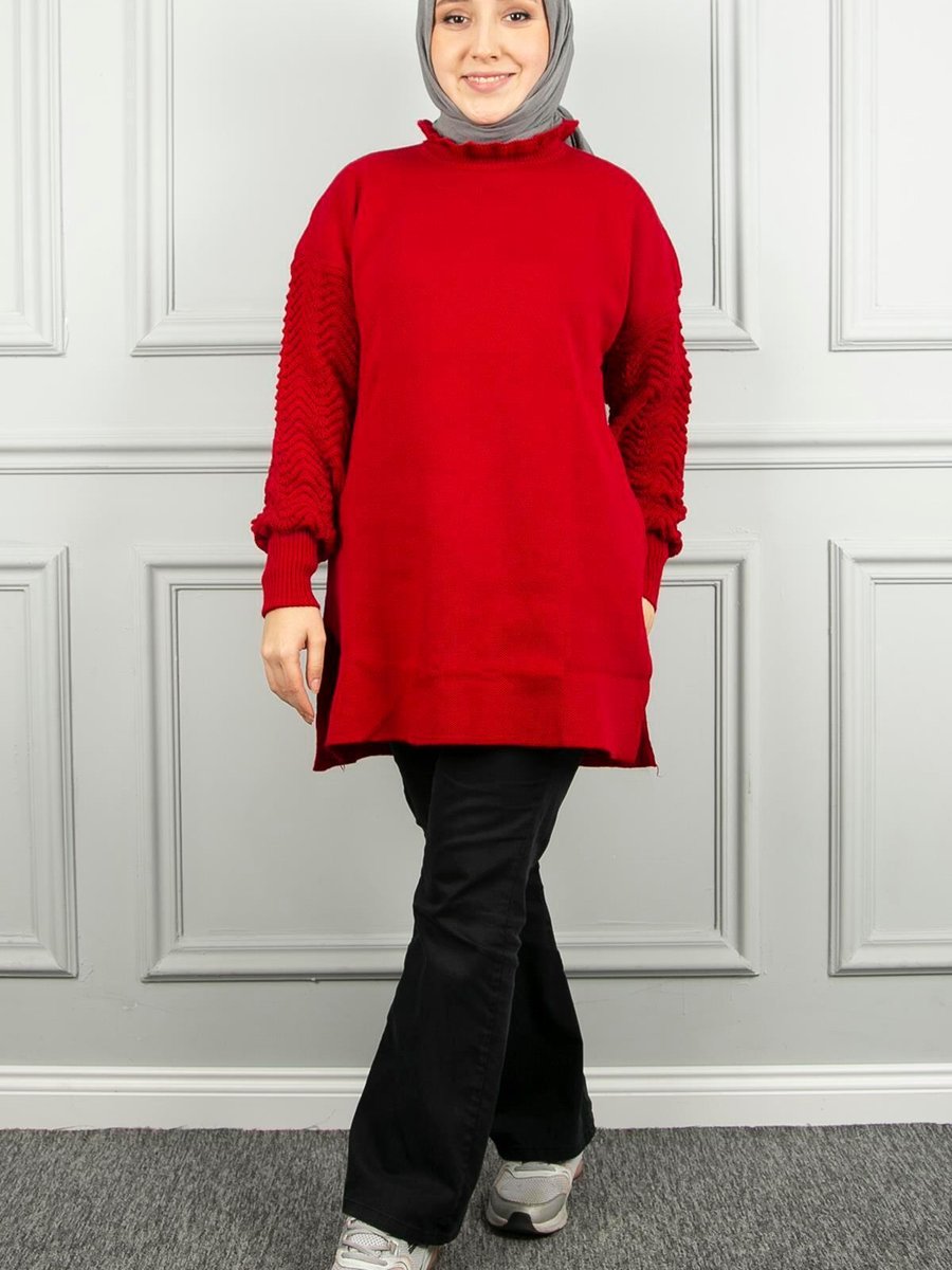 Yağızlar Giyim Kırmızı Yakası Fırfırlı Triko Tunik