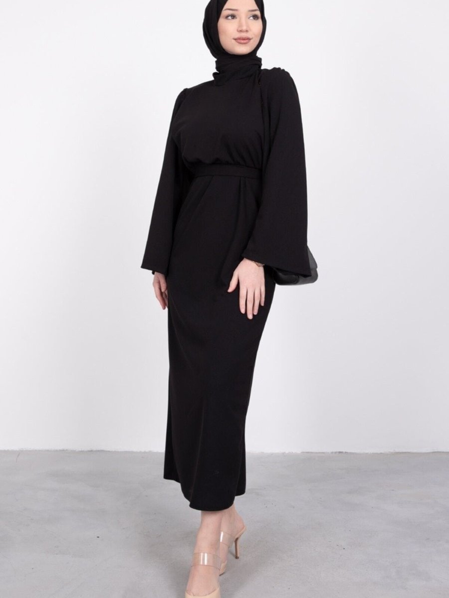 Lamia Giyim Volan Kol Kuşaklı Elbise Siyah