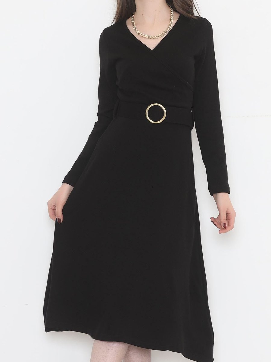 Time Style Kemerli Kruvaze Elbise Siyah