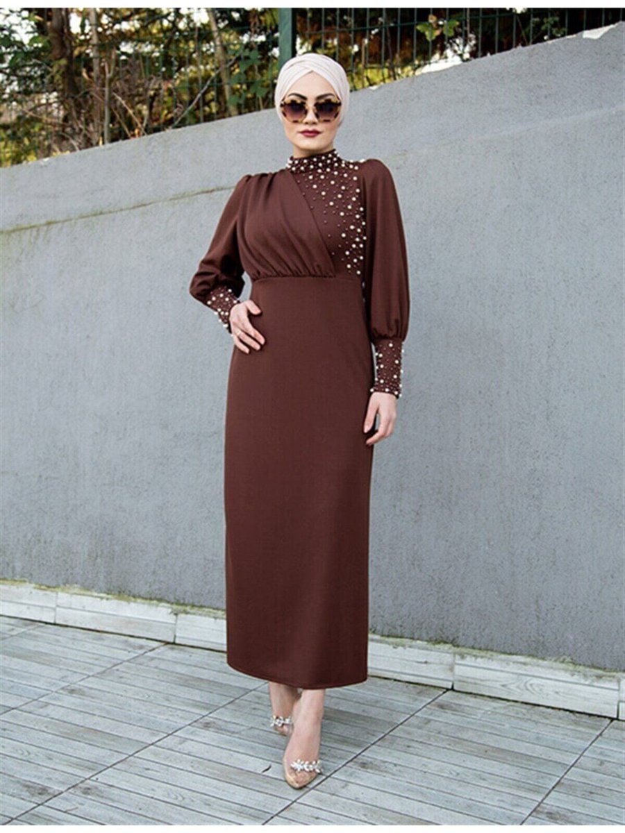 Hera Fashion İnci Detaylı Özel Gün Elbisesi Kahverengi