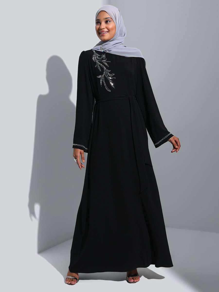 Refka Siyah Taş Detaylı Kuşaklı Abiye Elbise