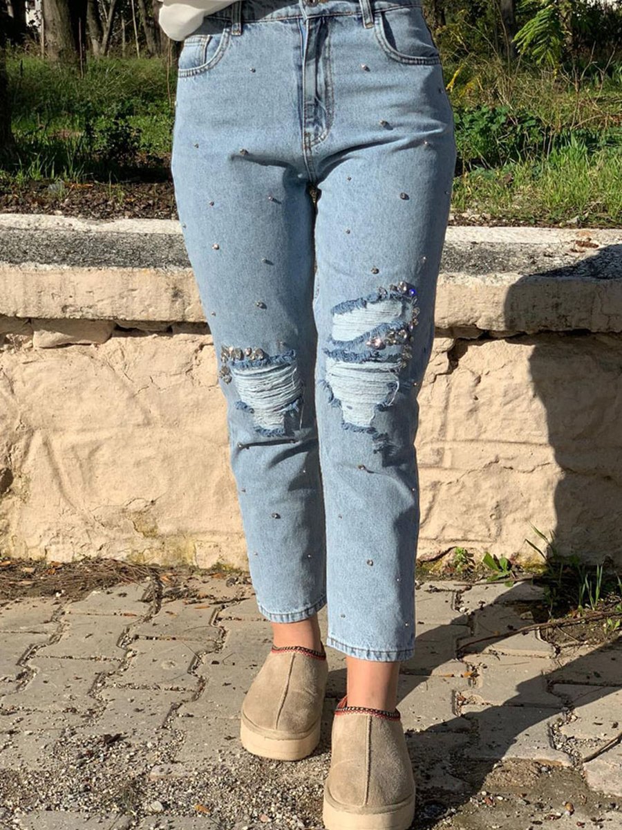 Moda Rosa Açık Mavi Serpme Çakma Taşlı Denim Pantolon