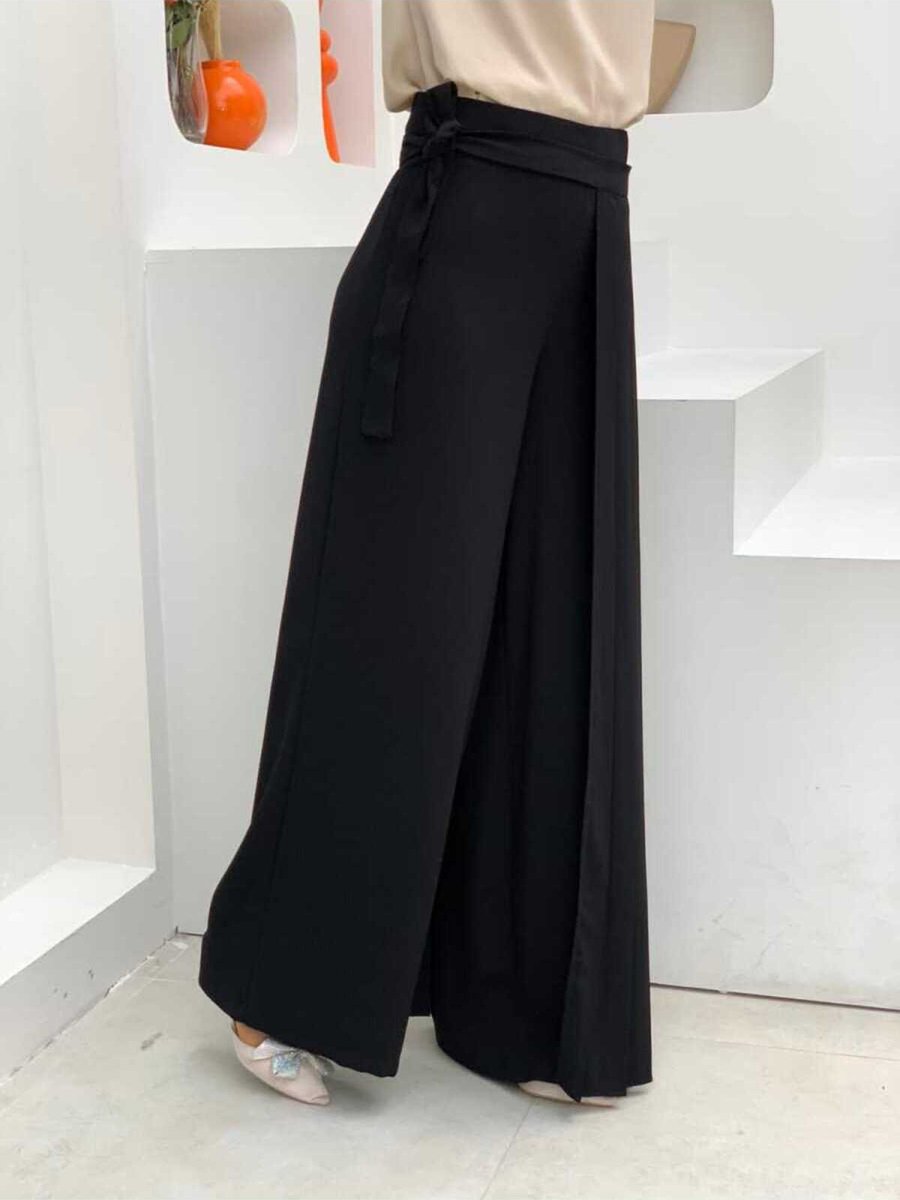 Bym Fashion Piliseli Ayrı Bağlamalı Parça Detaylı Pantolon Etek Siyah