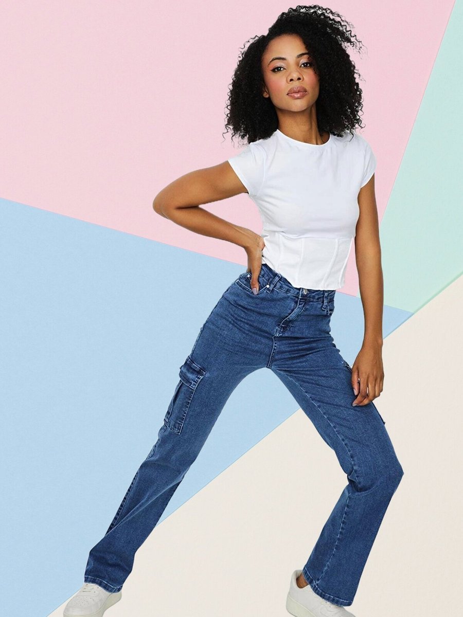 Select Moda Mavi Kargo Cepli Geniş Paça Jeans