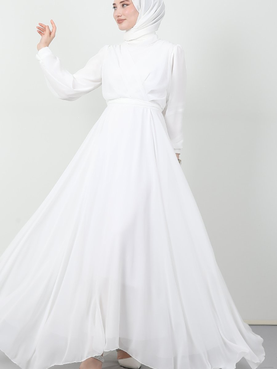 Giza Giyim Önü Çapraz Şifon Elbise Beyaz