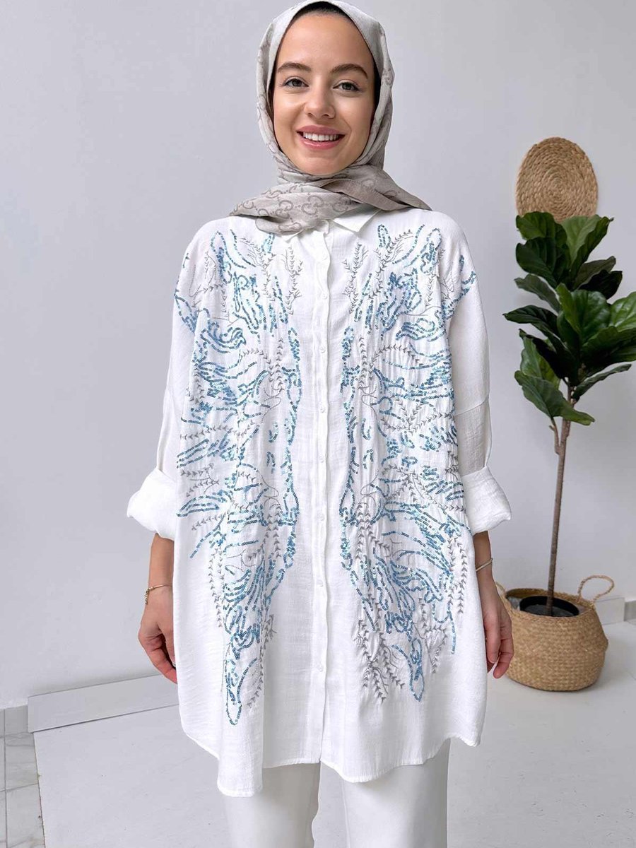 Ka Hijab Önü Payet İşlemeli Oversize Gömlek Beyaz
