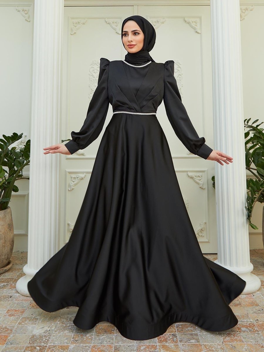 Hakimoda Bera Beli Taş Süslemeli Saten Abiye Elbise Siyah