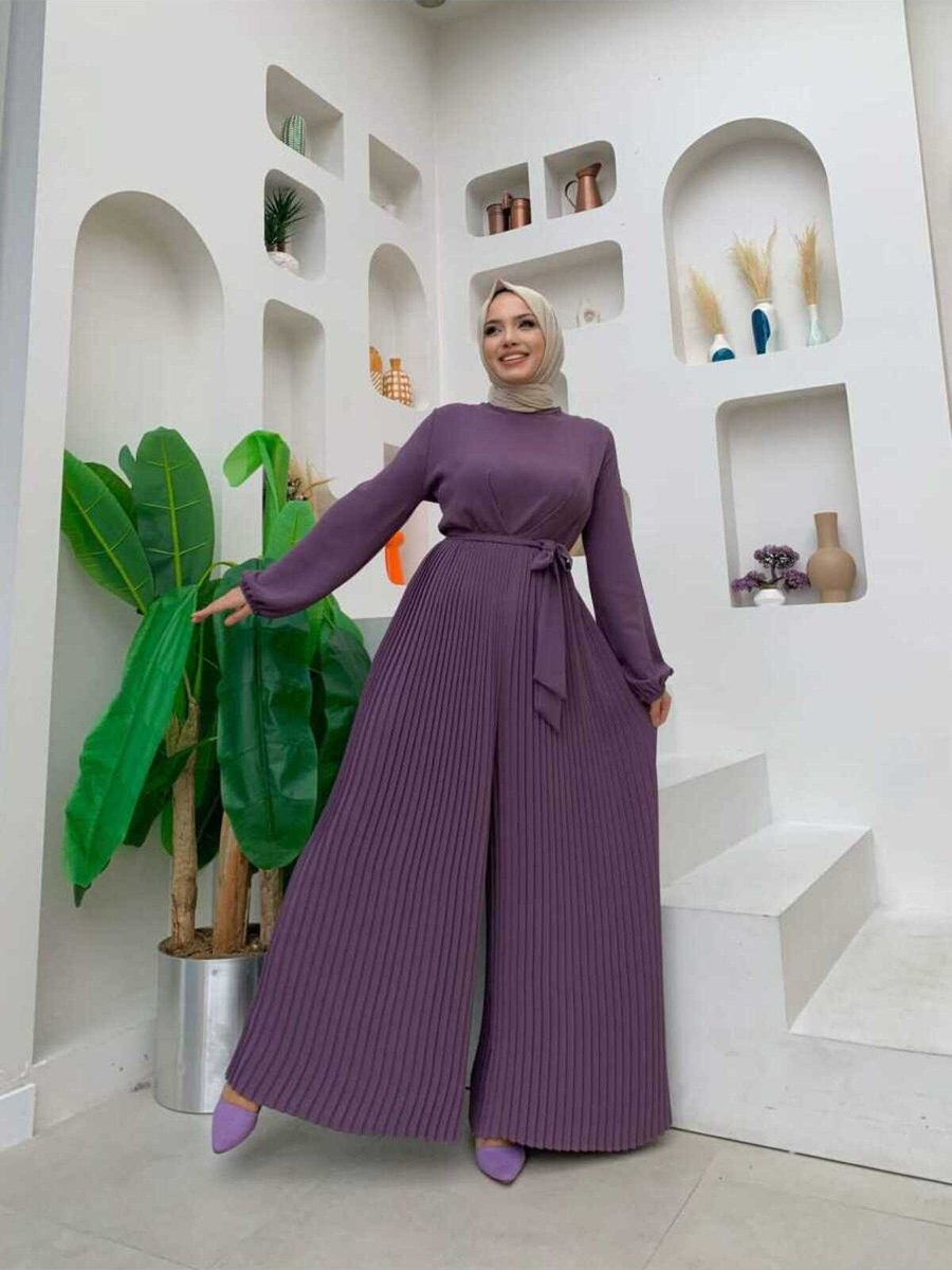 Bym Fashion Eteği Pilise Detaylı Bel Kuşaklı Kol Manşetleri Lastikli Tulum Mor