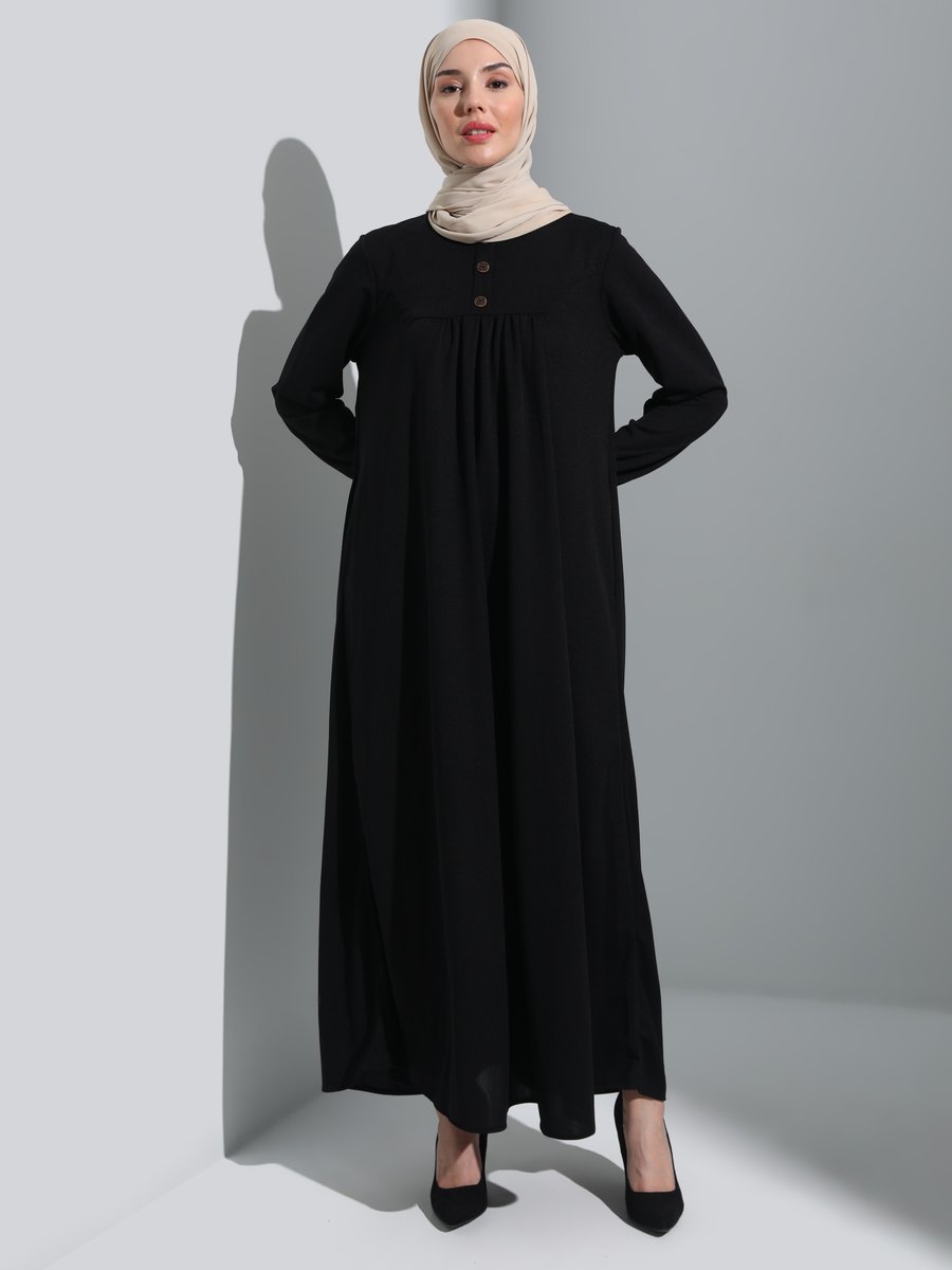 Ecesun Siyah Düğme Detaylı Robalı Elbise