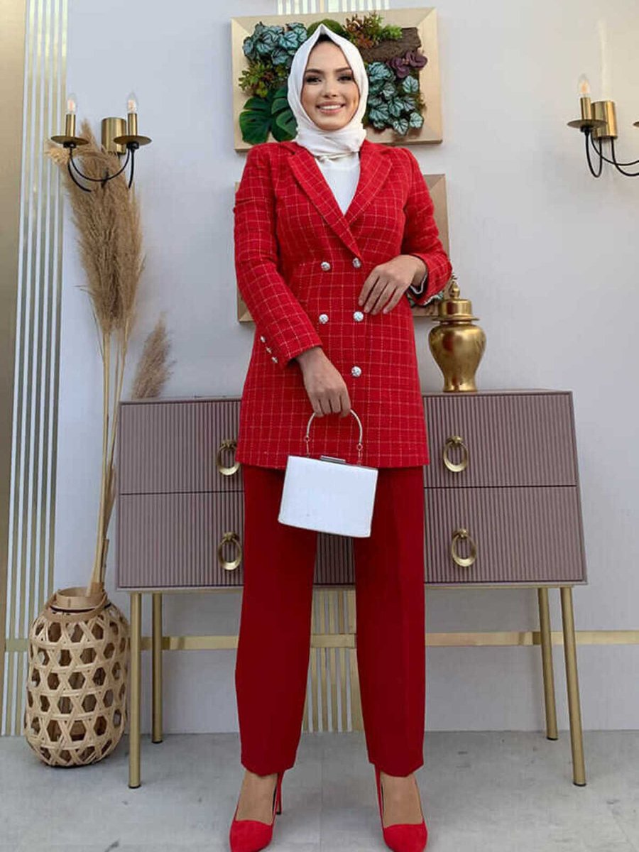 Bym Fashion Ön Kısım Düğme Detay Cep Görünüm Chanel Kumaş Ceket Kırmızı