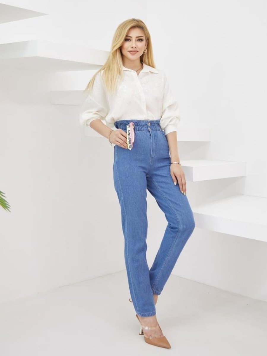 Benguen Beli Lastikli Mom Jeans Koyu Mavi