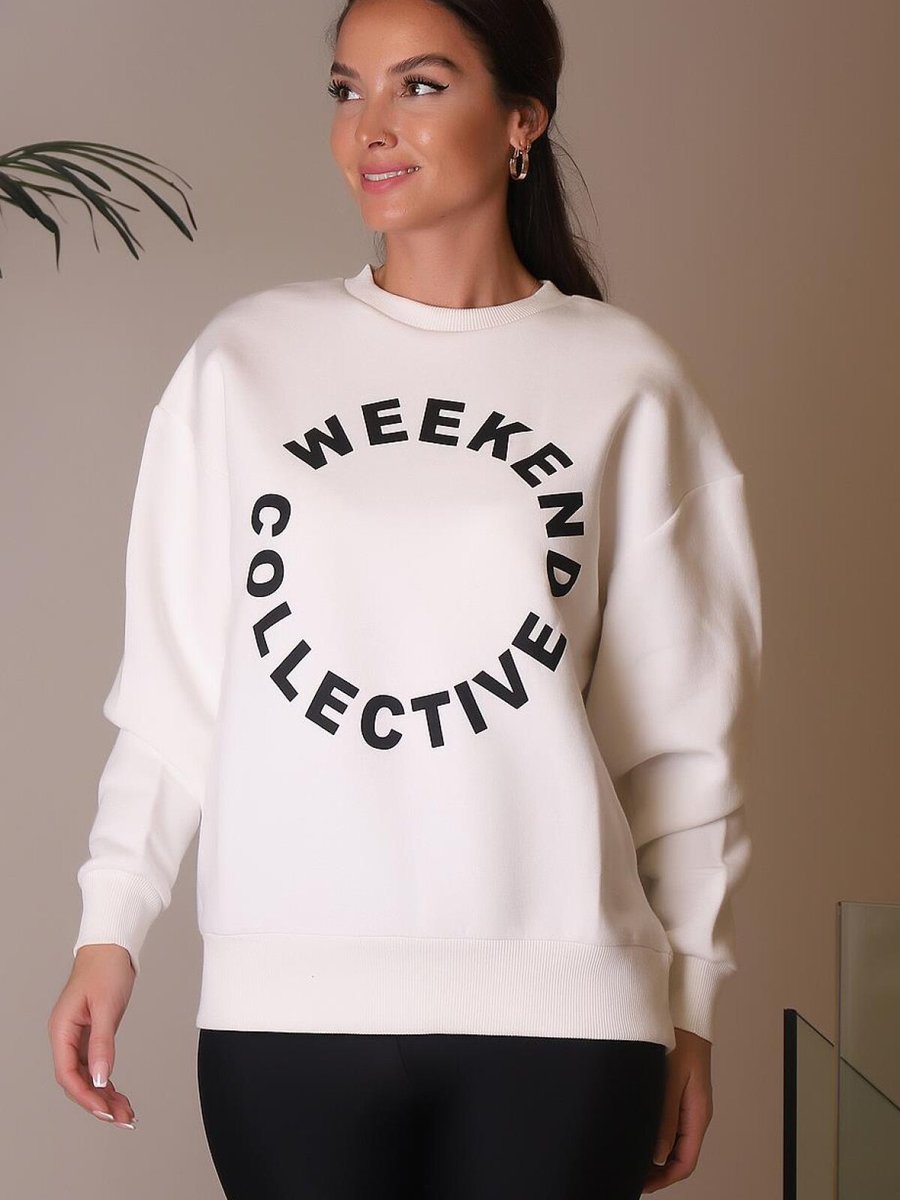 Fashion Friends Ekru Bisiklet Yaka Baskılı Sweatshirt