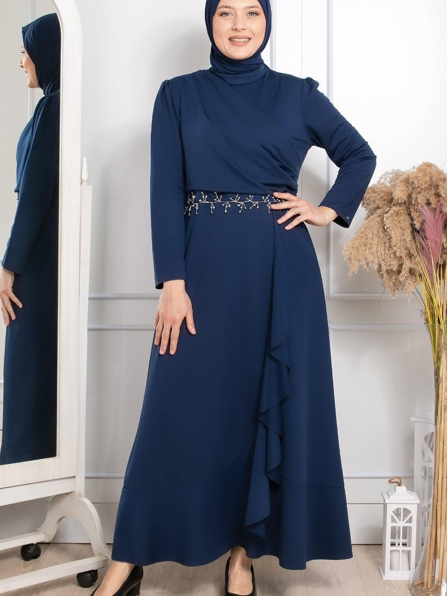 Fahima Fırfırlı Taş Işleme Detaylı Elbise Lacivert