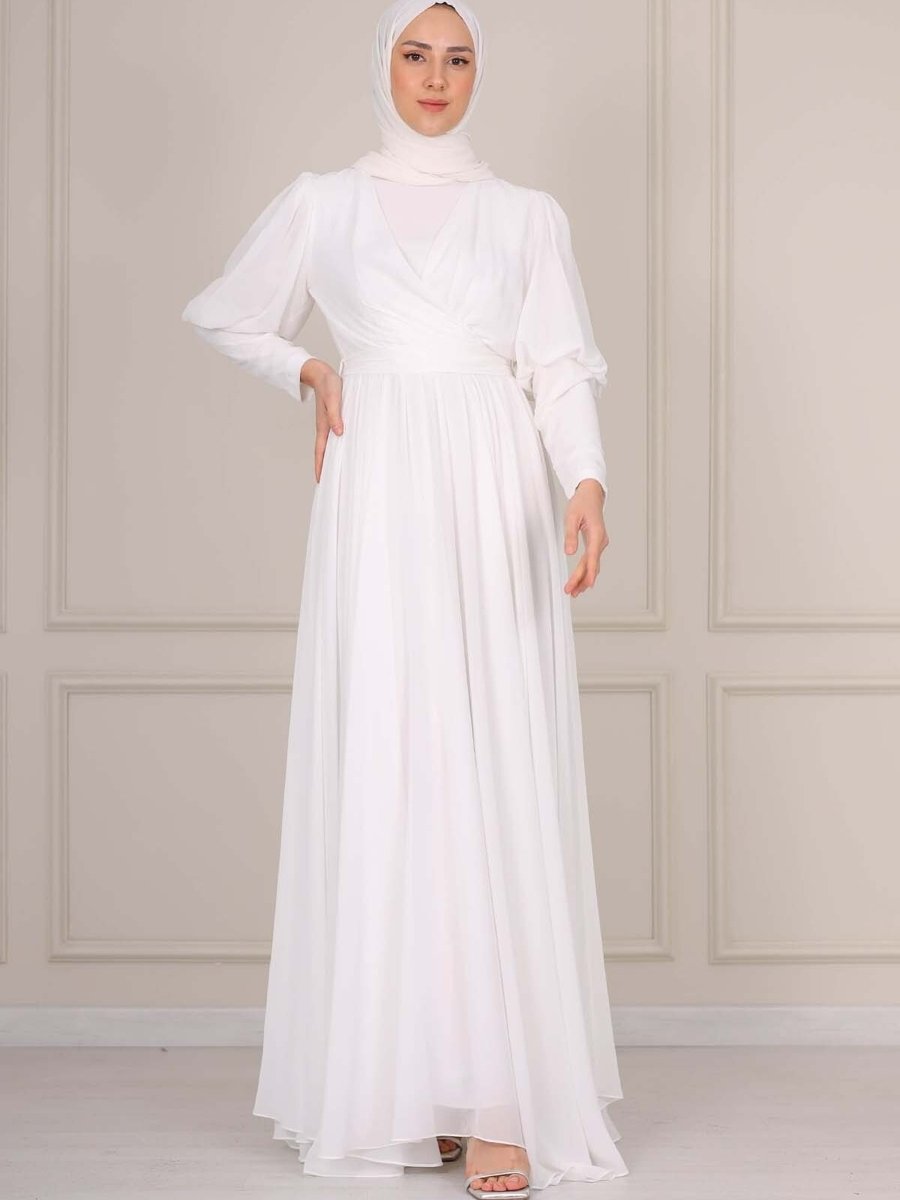 Saretex Kruvaze Yaka Balon Kol Şifon Elbise Beyaz