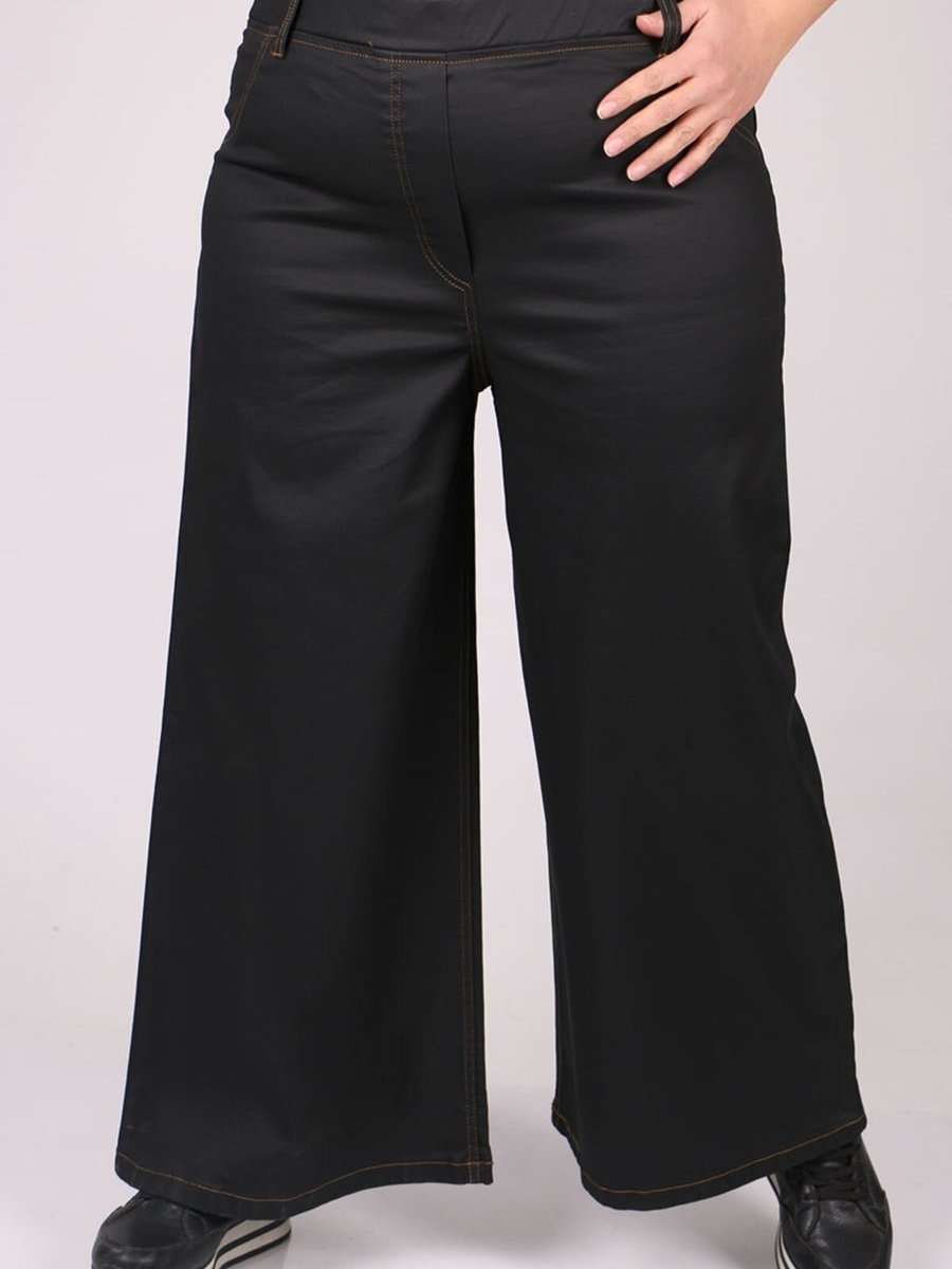 Moda Rosa Siyah Büyük Beden Mat Deri Görünümlü Bol Paça Kot Pantolon