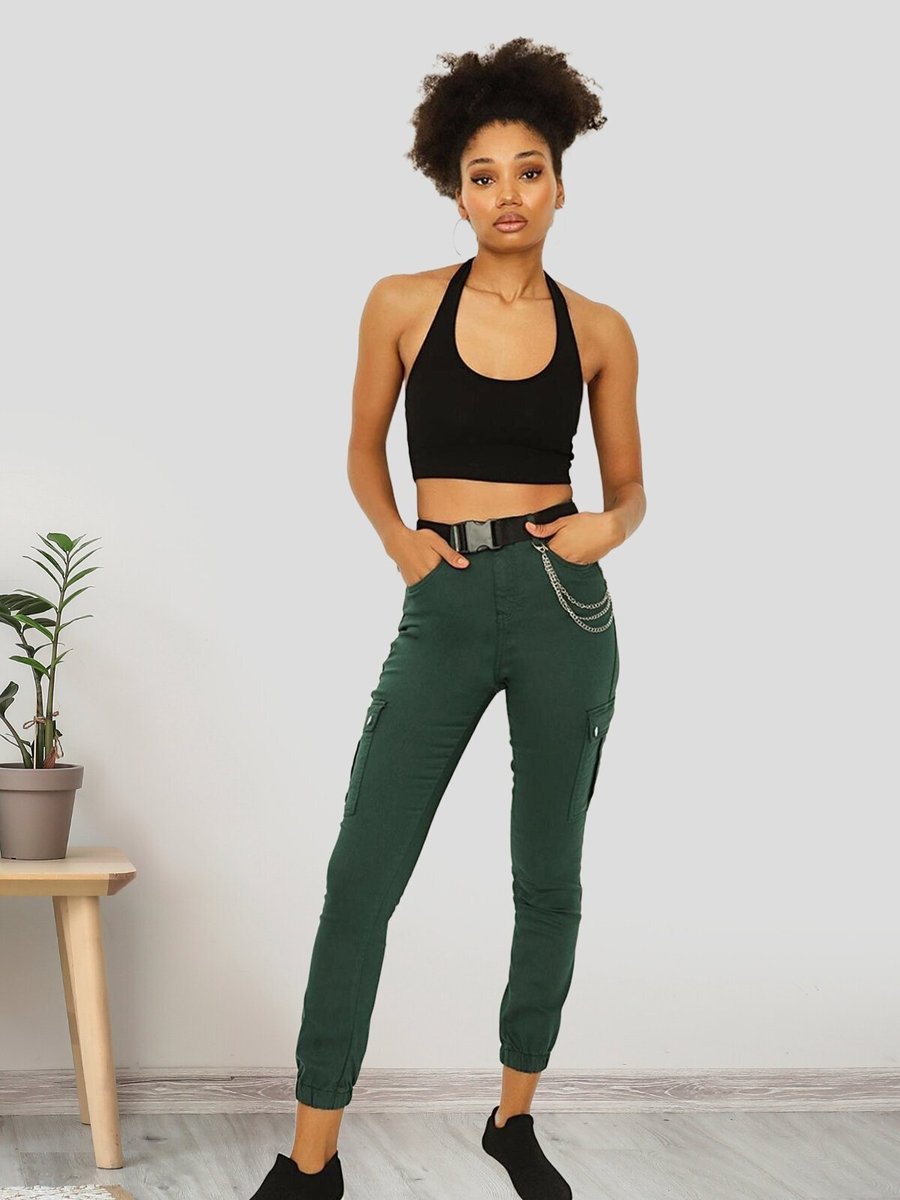 Select Moda Yeşil Kemerli Paçası Lastikli Kargo Pantolon