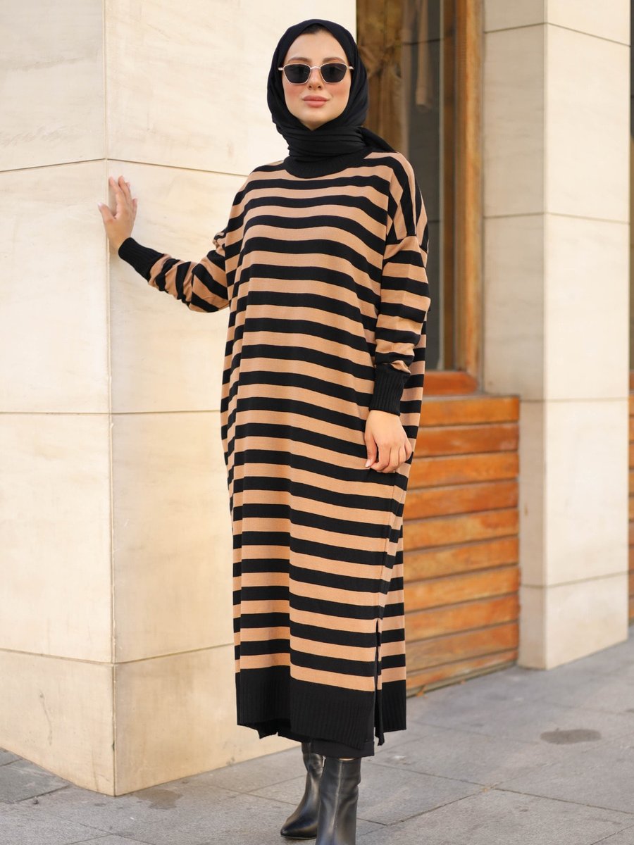 Sapha Camel Yanları Yırtmaçlı Çizgili Uzun Triko Tunik