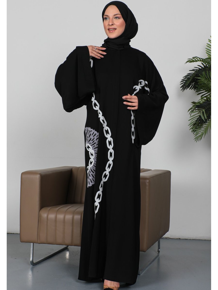 Kadeem Zincir Nakışlı Dubai Ipeği Siyah Abaya