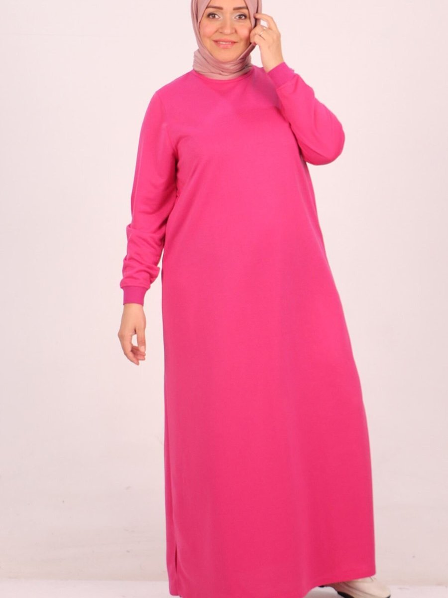 Moda Rosa Fuşya Büyük Beden Ribanalı İki İplik Elbise