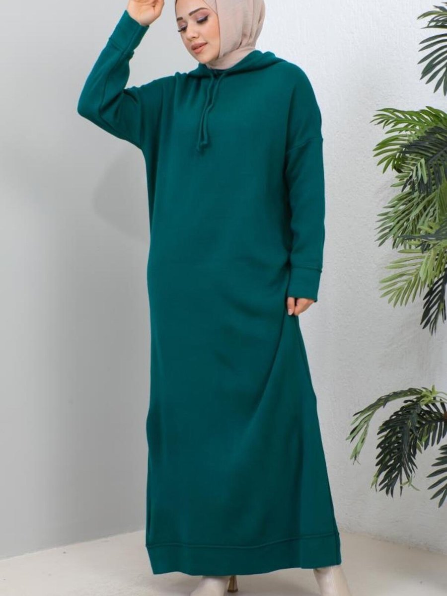 Benguen Kapüşonlu Triko Elbise Zümrüt Yeşili