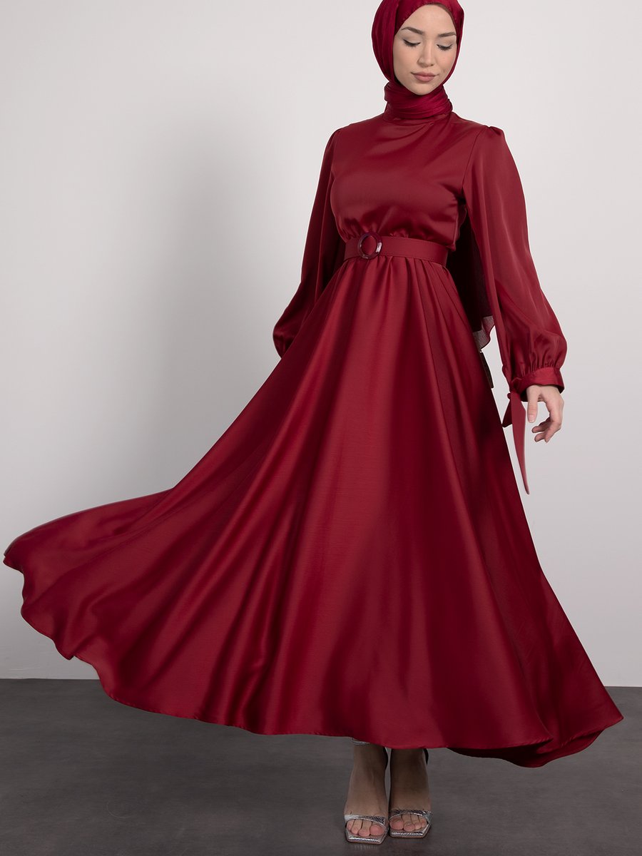 Lamia Giyim Prenses Kloş Kesim Manşet Detaylı Abiye Elbise Bordo