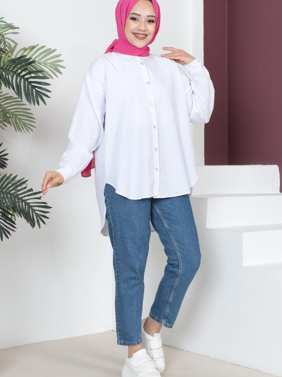 Modamihram Taş Detaylı Oversize Gömlek Beyaz