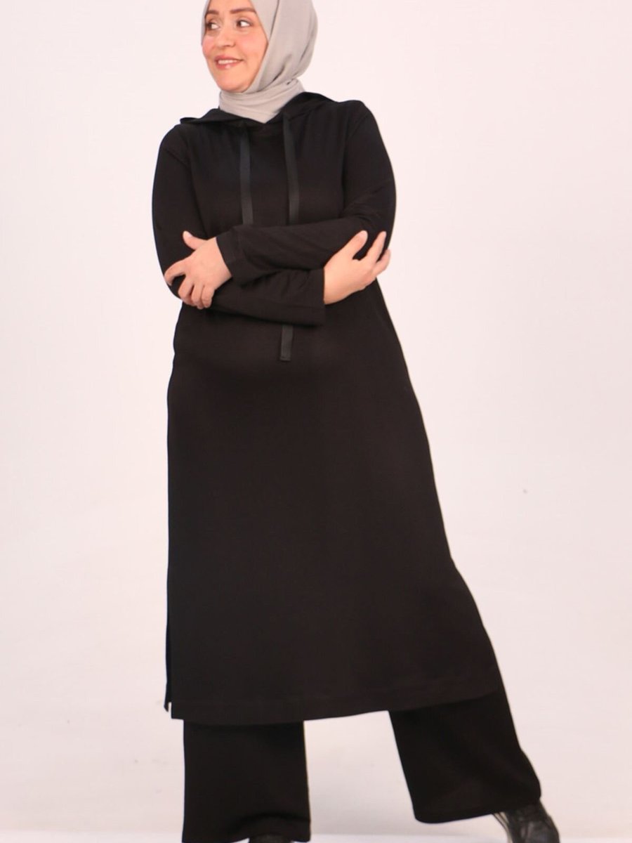 Moda Rosa Siyah Büyük Beden Kristal İki İplik Basic Pantolonlu Takım