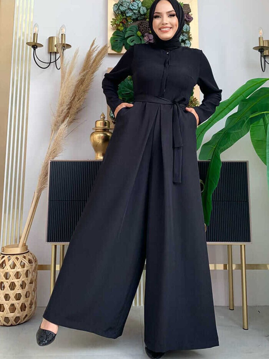 Bym Fashion Göğüs Kısmı Gizli Düğme Detaylı Bel Kuşaklı Tulum Siyah