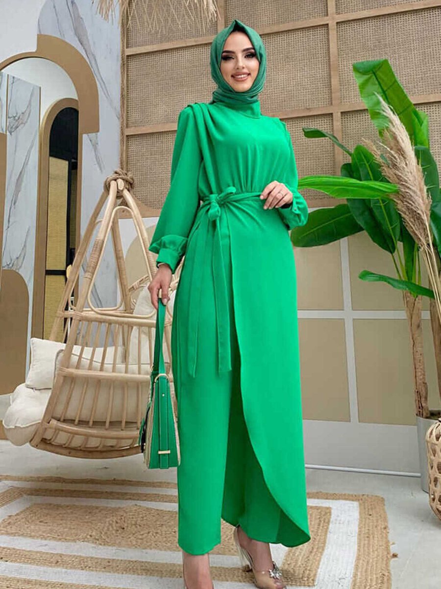 Bym Fashion Parça Detaylı Omuzları Kat Detay Bel Kuşaklı Tulum Yeşil