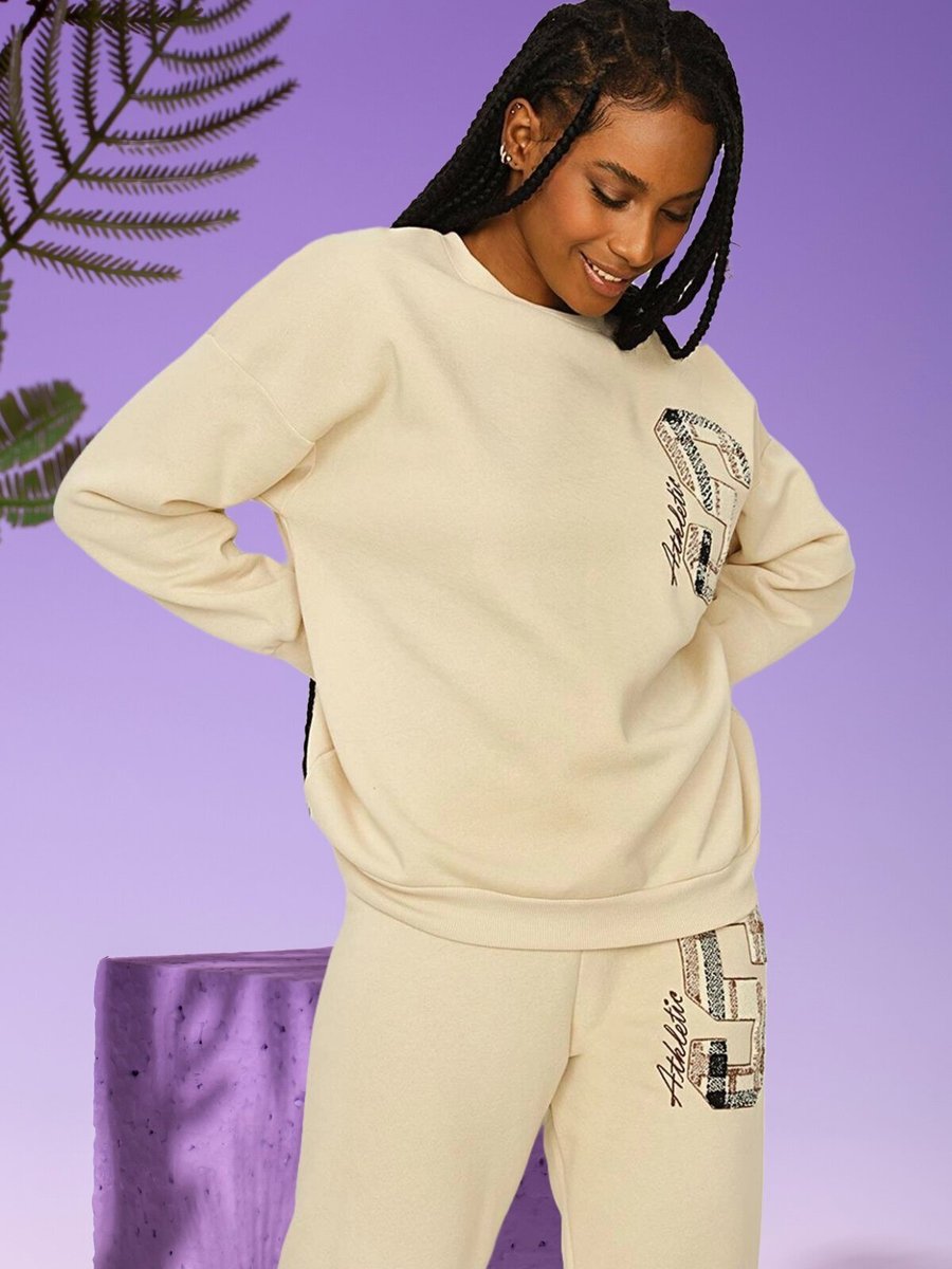 Select Moda Krem Yazı Detaylı Örme Sweatshirt