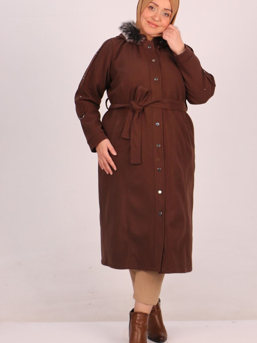 Moda Rosa Kahverengi Büyük Beden Çıtçıtlı Kaşe Kaban