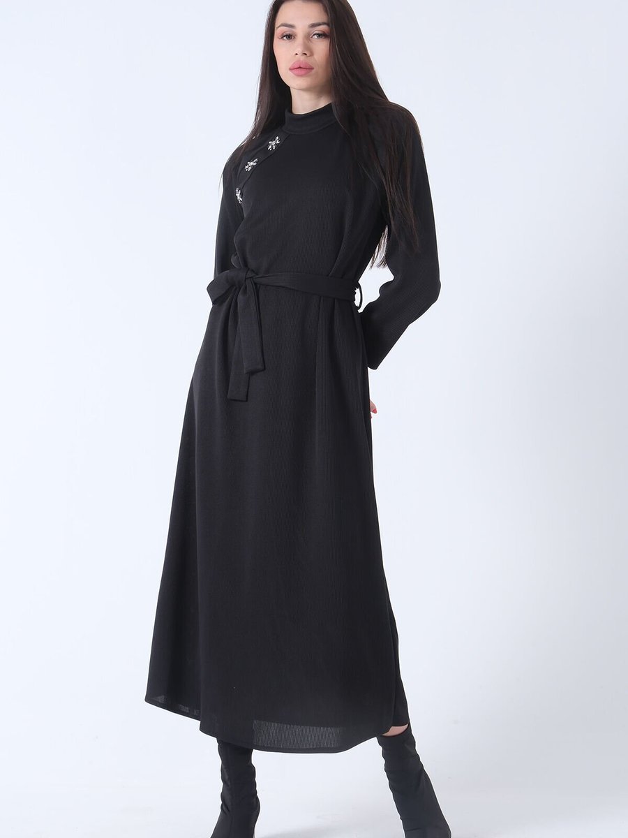 Ardanewline Siyah Taş İşlemeli Triko Elbise