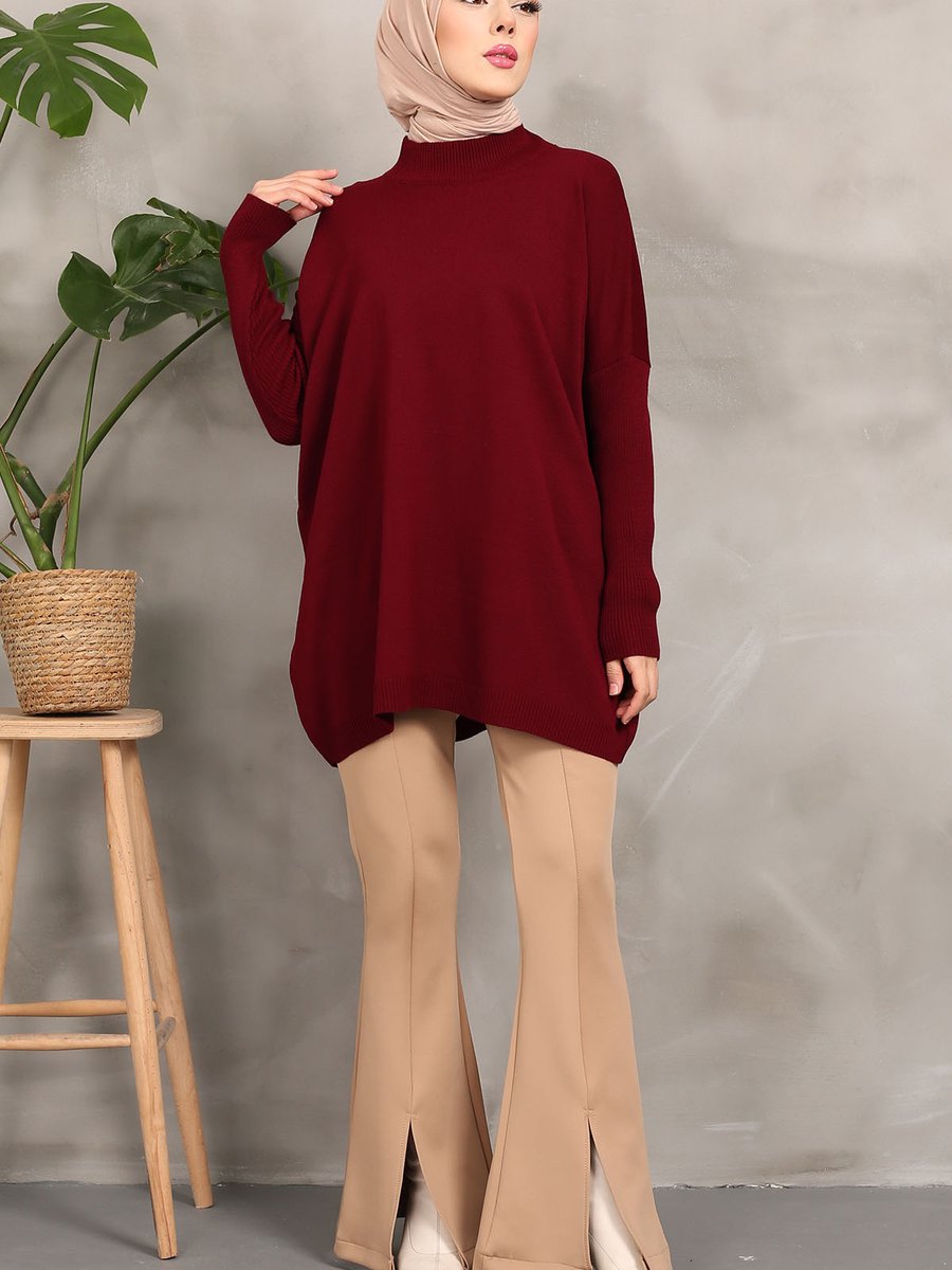 İmajbutik Bordo Balıkçı Yaka Merserize Salaş Triko Tunik