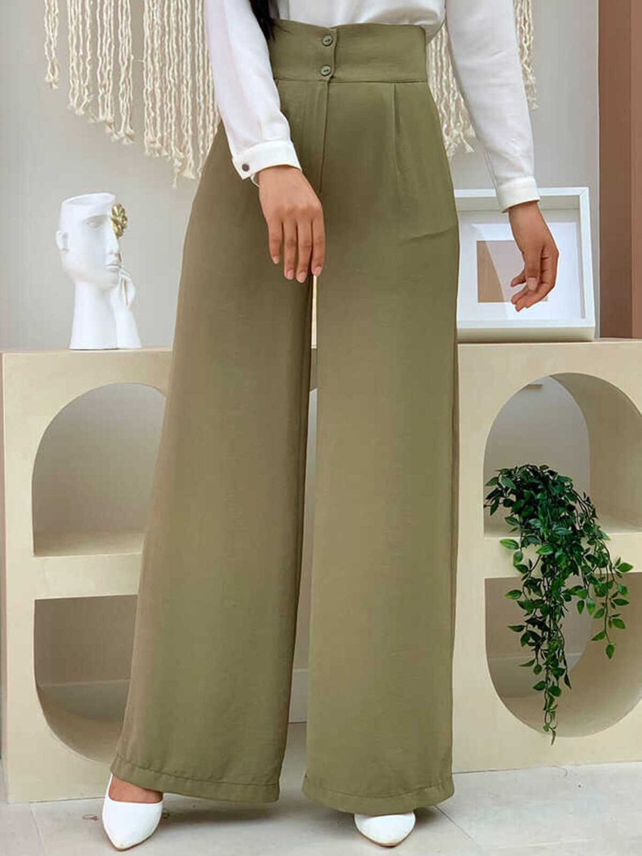 Bym Fashion Cepli Düğme Detaylı Bol Paça Pantolon Haki